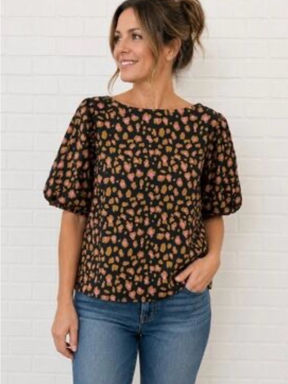 J. Crew Black Puff-Sleeve Floral Blouse with Pink and Tan Accents